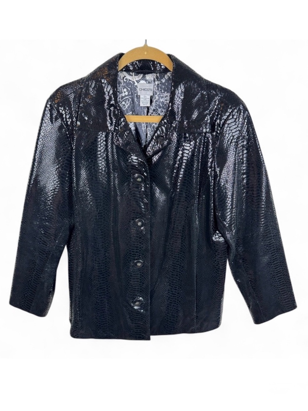 Chicos Black Snakeskin Embossed Leather Jacket Patent Python Blazer Womens Large